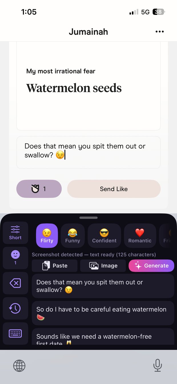 Txtor Ai keyboard generating replies inside a dating-app conversation