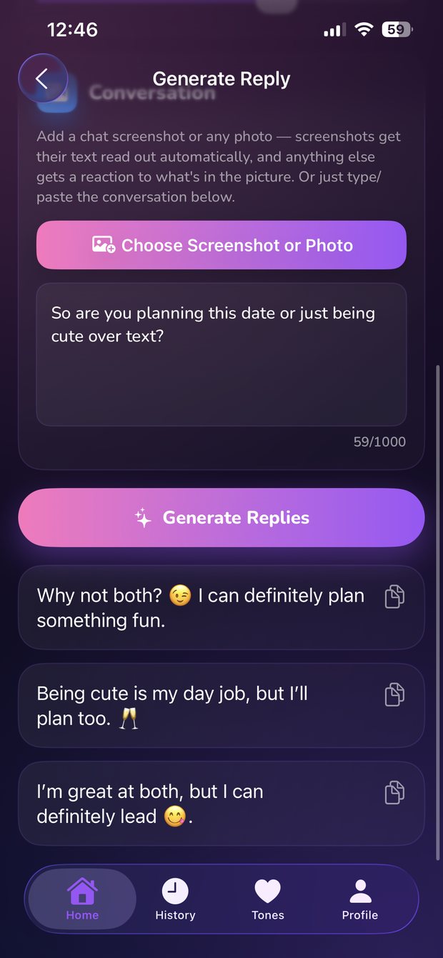 Three generated replies in the Txtor Ai app