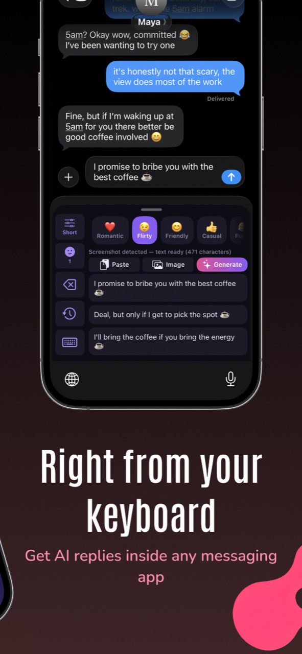 The Txtor Ai keyboard suggesting replies inside a messaging app